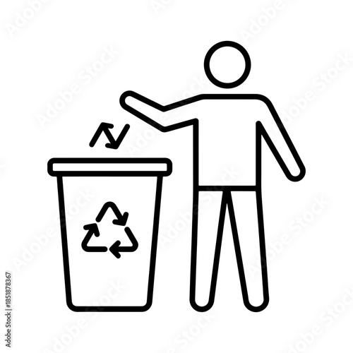 An icon depicting a lone person throwing trash into a recycling bin. simple design isolated icon. Vector illustration