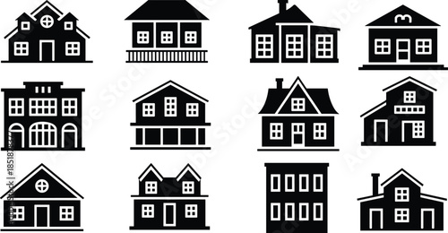House and building icon set, residential architecture, black silhouette homes, urban structures, roof window porch chimney styles