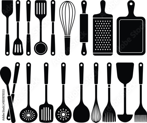 Kitchen utensil silhouette icon set, cooking tools, black vector shapes, spatula whisk ladle grater rolling pin designs