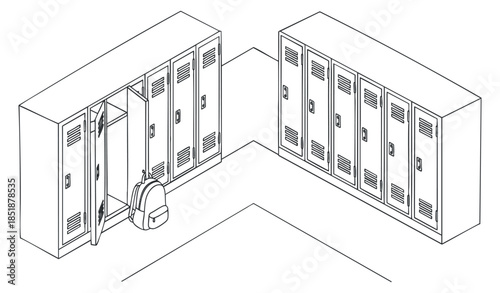 A set of school lockers with an open door and a backpack in black and white outline vector style, ideal for educational designs