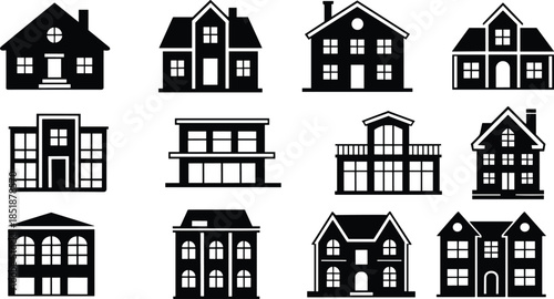House and building icons, architectural styles, residential and commercial silhouettes, black vector, grid layout, roof shapes, windows, facade, structure, urban, home, real estate, minimal design