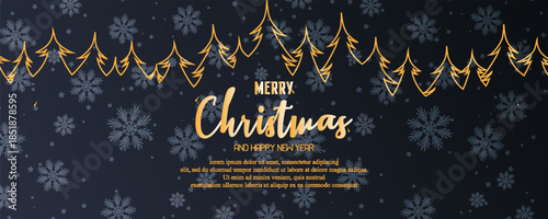 Merry christmas and happy new year banner. Dark horizontal template creative design with luxury golden line christmas tree, snowflake decoration, stars. Suit for poster, flyer, cover, banner, brochure