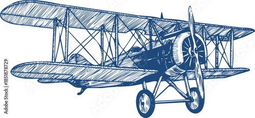 Blue sketch of a vintage biplane in flight on white background airplane aircraft
