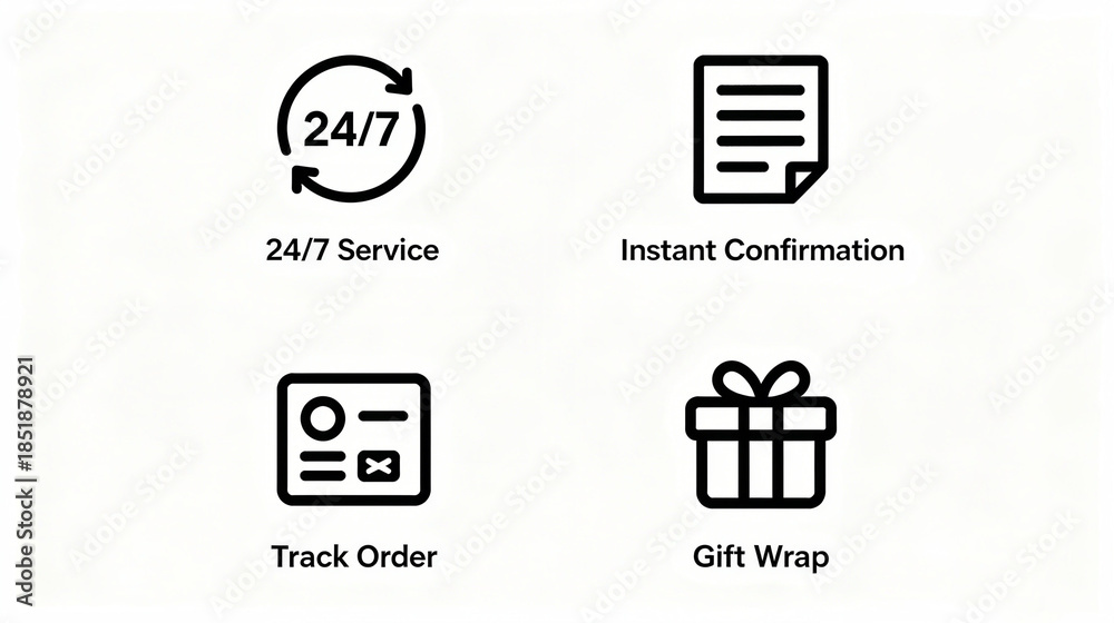 Fototapeta premium 24/7 service, instant confirmation and other elements represent the service characteristics of order tracking and gift packaging, suitable for e-commerce service promotional materials. 