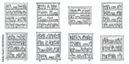 A collection of nine outline-style bookshelves filled with books in minimalist vector design, ideal for educational and home decor projects