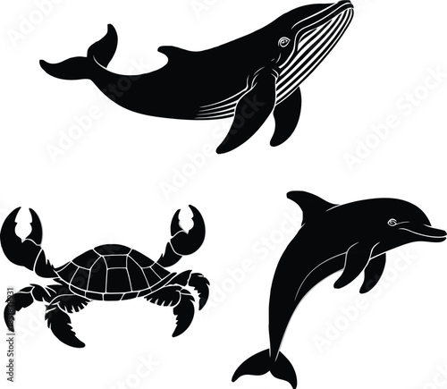 Silhouette vector illustration of dolphins and whales swimming in the ocean