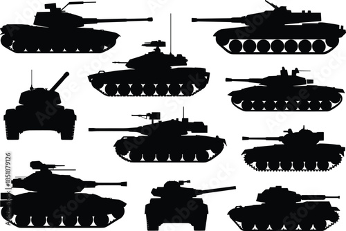 Tank silhouette icon set, military vehicle, armored warfare, turret design, combat, defense, black shape, grid layout, war machine, battle tank, weapon system, army, illustration, graphic, minimal,