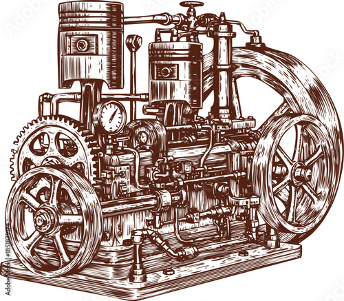 Detailed Brown Engine Illustration with Pistons, Gears, and Flywheel Keywords: engine, motor, machine, industrial, mechanical
