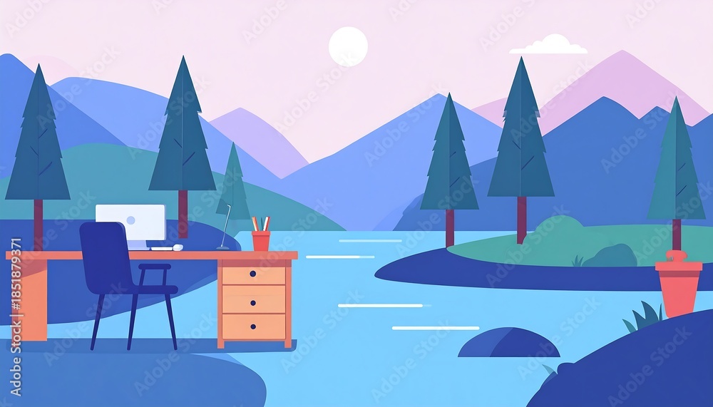 Fototapeta premium Desk near a river scene with mountains & trees in a vector graphic style, suggesting peaceful work/leisure