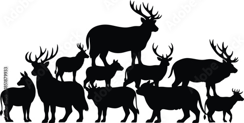 A herd of deer in various poses and sizes in black silhouette against a white background