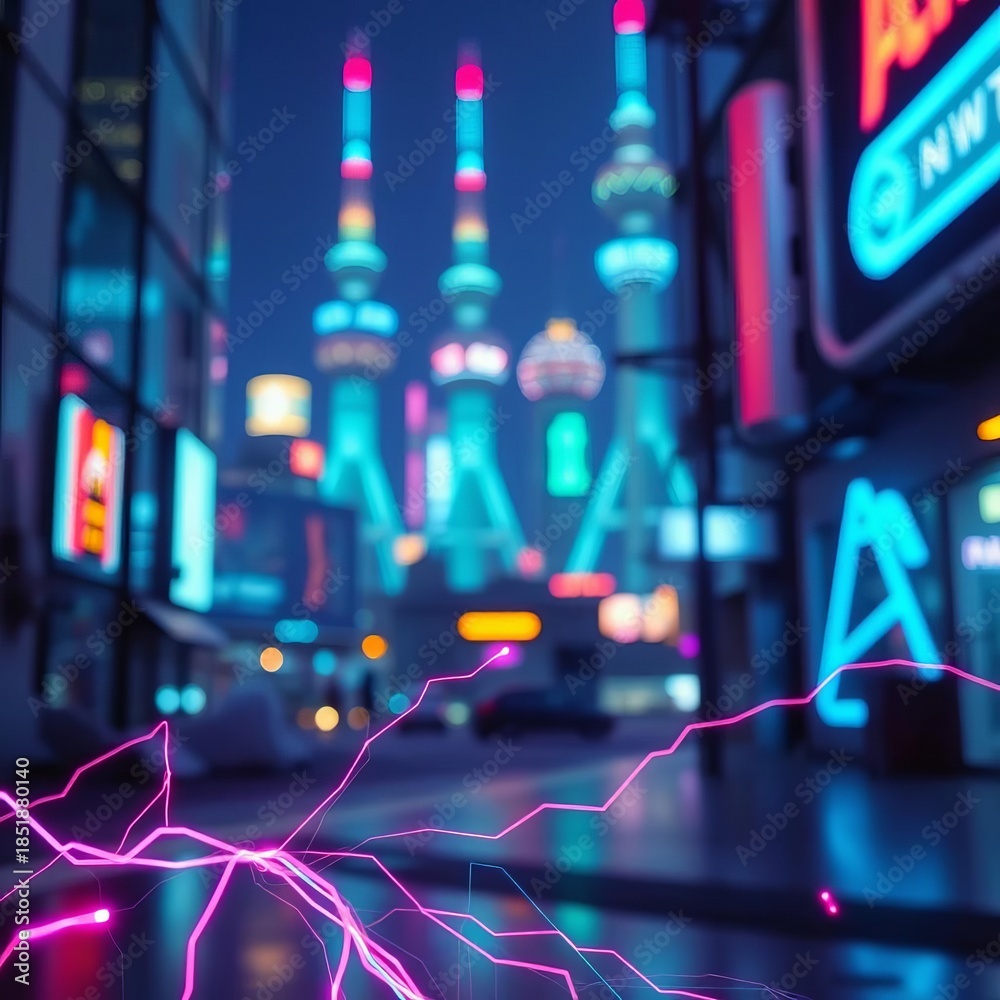 Fototapeta premium Schematic fragment pulses with electric light against a backdrop of blurred neon towers, hazy detail, glowing tech