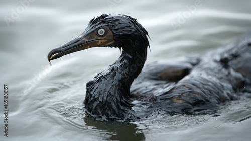 Blackened bird in water displaying environmental impact of oil spills on wildlife and habitat conservation challenges