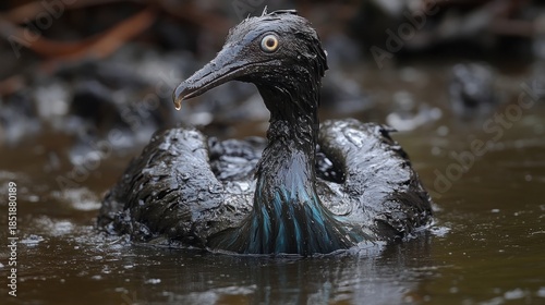 Oil-covered bird in polluted water, highlighting environmental crisis and wildlife impact, conservation issues, habitat degradation and rehabilitation efforts