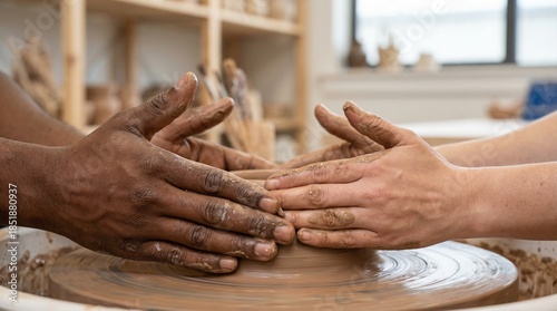 A Black person and a White person connect through the tactile art of pottery as they shape clay together.