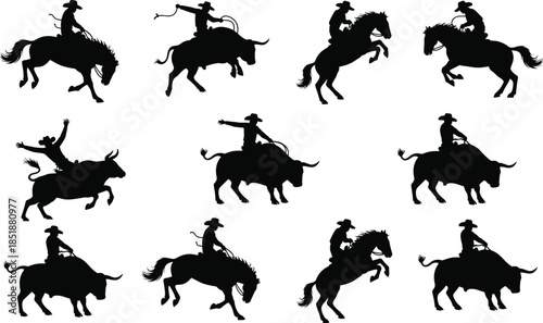 Rodeo cowboy silhouettes riding horses and bulls isolated on white background for western sport action illustration collection artwork