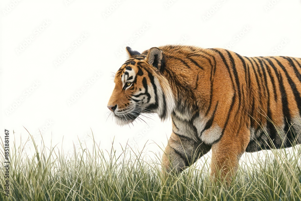 Obraz premium Majestic Tiger Walking Through Tall Green Grass in Natural Habitat.