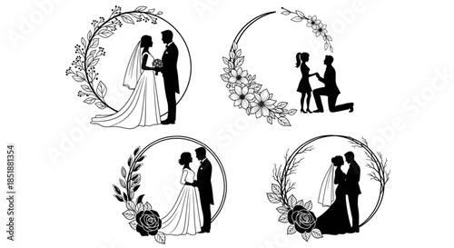 Bridal Couple and Proposal Silhouettes Decorative Floral Wreath Frames for Wedding Invitations and Romantic Design