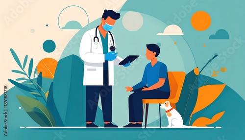 Doctor in mask consults with seated patient. Cartoon style. Dog at patient's feet. Abstract, flat vector art