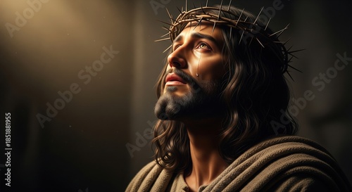 Jesus Christ looking up to the sky with crown of thorns and soft divine light on his face