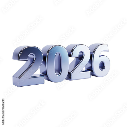 Shiny Metallic 2026 Year Number 3D Rendering. Isolated Modern Chrome Blue Text for New Year, Future Planning, and Calendar Design.