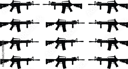 Seamless pattern of modern assault rifle silhouettes isolated on white background, military firearm illustration for defense, security, tactical concepts design