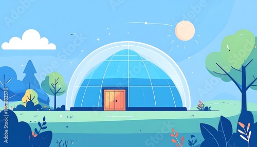 Dome greenhouse surrounded by stylized trees under a bright sun in a clear blue sky