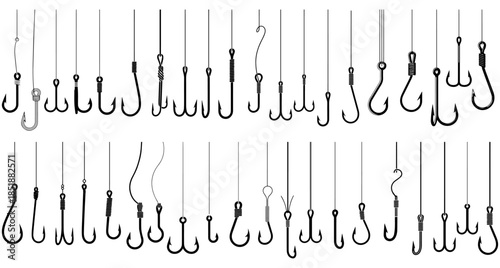 Collection of Fishing Hook Silhouettes – Assorted Metal Hook Shapes and Angling Equipment Elements in Black Vector Style on White Background