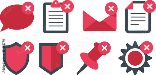 Cancel icons, red X symbols, deletion graphics, UI elements, speech bubble, clipboard, envelope, gear, 