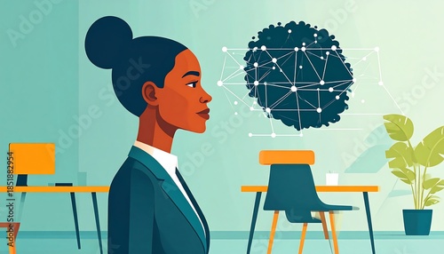 Elegant professional woman in office stands, pondering abstract, networked sphere. Soft greens and warm yellows dominate