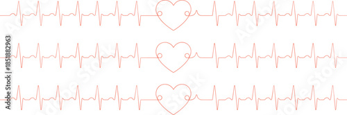 ECG heart rhythm icon set, heartbeat line with love symbol, cardiology graphics, emotional health, medical vector design
