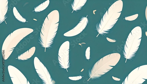 Elegant repeat of soft white feathers scattered randomly across a solid teal background