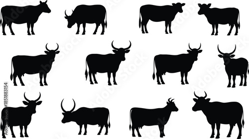 Collection of black silhouettes of deer in various poses and orientations