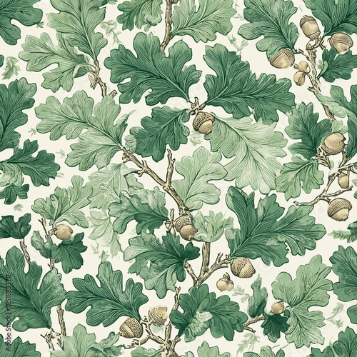 Vintage green oak leaves and acorns seamless pattern on light background botanical design