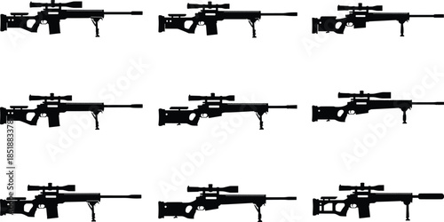 Seamless pattern of sniper rifle silhouettes isolated on white background, military weapon illustration for tactical, defense, shooting, security concepts