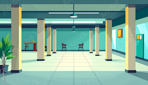 Empty teal and white hall with pillars, chairs, table and plants. Sunlight glows through the entrance