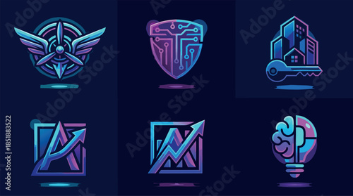 Stylized representations of letters, mountains, a compass, and abstract shapes.