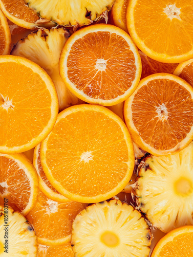 Fresh sliced orange and pineapple fruit pattern texture background top close up