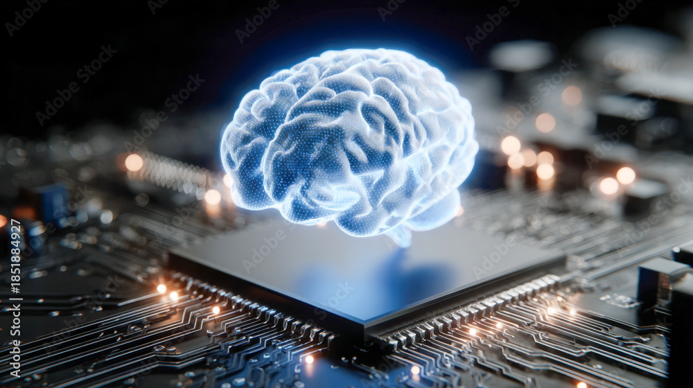 Obraz premium Futuristic digital visualization of an artificial intelligence brain hovering above a computer chip surrounded by glowing circuit board connections and technology co