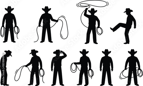 Cowboy silhouettes with rope lasso western ranch poses isolated black figures on white background illustration set rodeo concept design