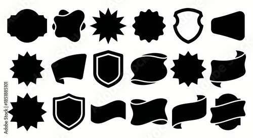 Geometric and Ornamental Badge Set Black Silhouettes Ribbons Shields Stars Collection Design Elements