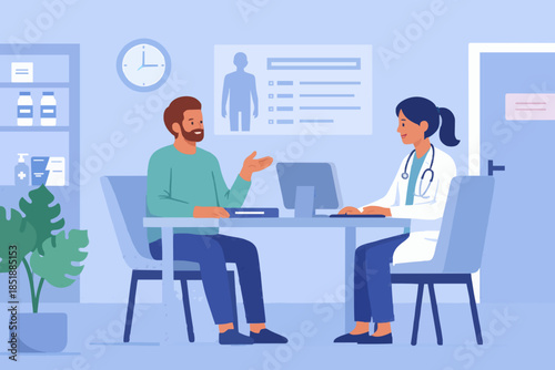 Woman talking with man doctor in his office. Patient having consultation with doctor therapist in hospital. Male and female medical people characters. Flat cartoon vector illustration.