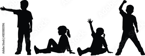 Children silhouettes playing sitting standing gestures isolated black figures on white background illustration kids activity fun concept design