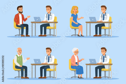 Doctors characters set. Doctors group, doctor with patient, doctor with computer. Vector illustration.
