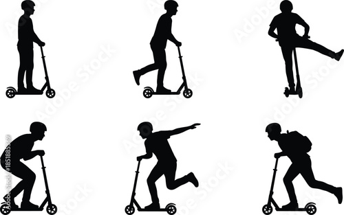 Electric scooter rider silhouettes, helmeted boy performing tricks commuting isolated black figures on white background illustration set urban transport motion