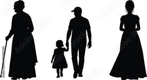 Family generation silhouettes grandmother father child mother isolated black figures on white background illustration parenting heritage concept design