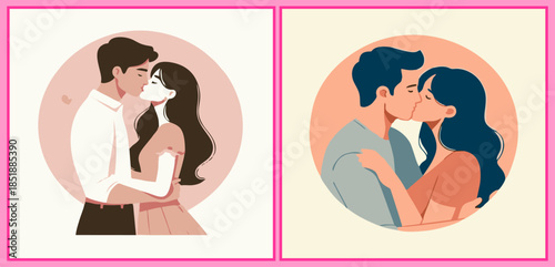 Romantic couple kissing in a circular frame. Flat vector illustration of lovers embracing, perfect for Valentine's Day, wedding invitations, and anniversary greeting cards