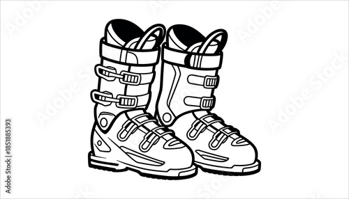 Black and white line of ski boots with buckles and straps winter sports skiing footwear equipment
