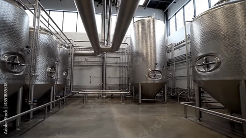 Modern Brewery Interior with Stainless Steel Fermentation Tanks and Piping.