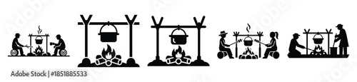Collection of  campfire cooking silhouette icon set. cooking vector icons illustration