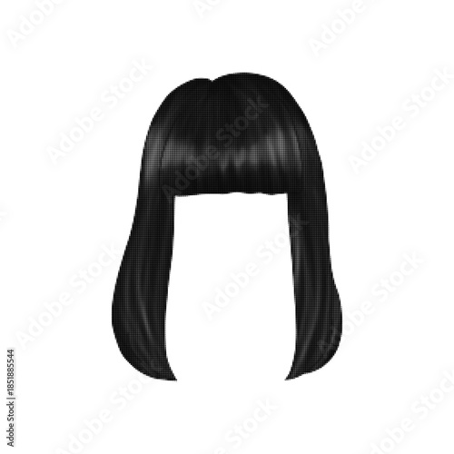 Black and white halftone illustration of a straight long hairstyle with bangs silhouette isolated on white background. Minimal beauty and fashion concept with vintage dotted print texture.